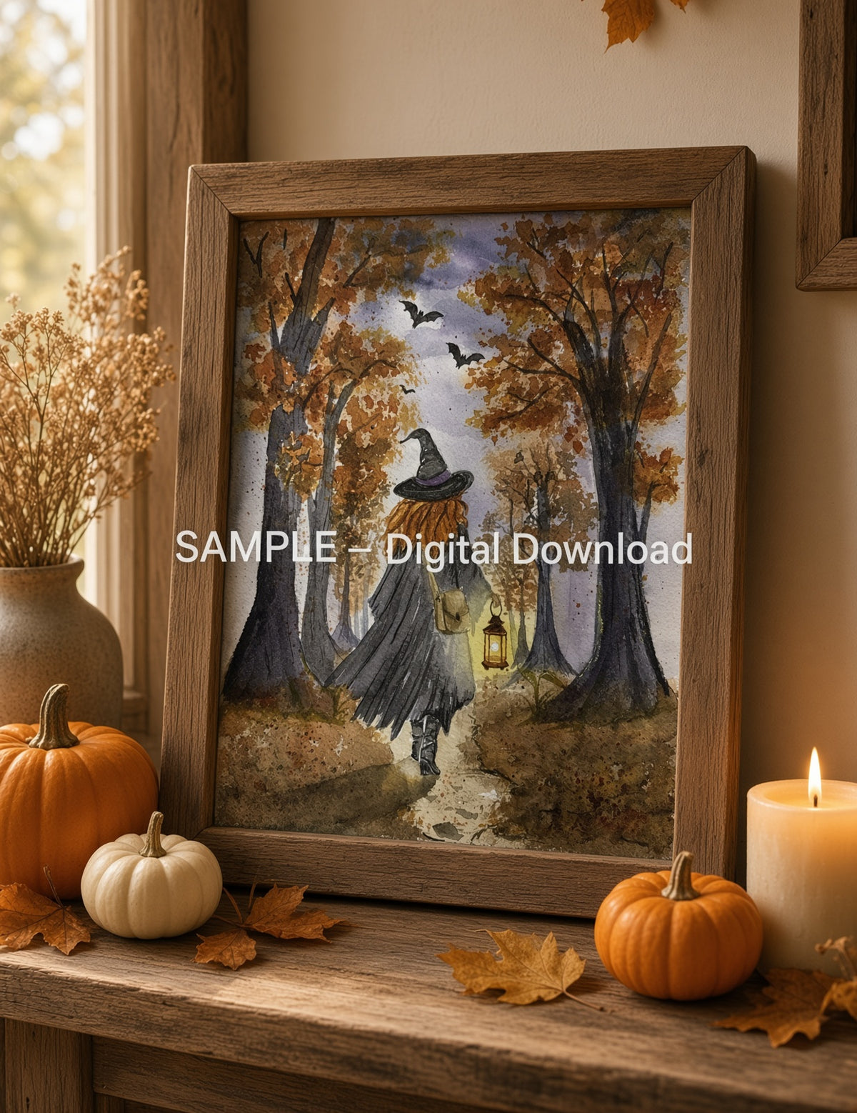 Autumn Witch Path – Original Watercolor Digital Print | Harvest Season Printable Wall Art