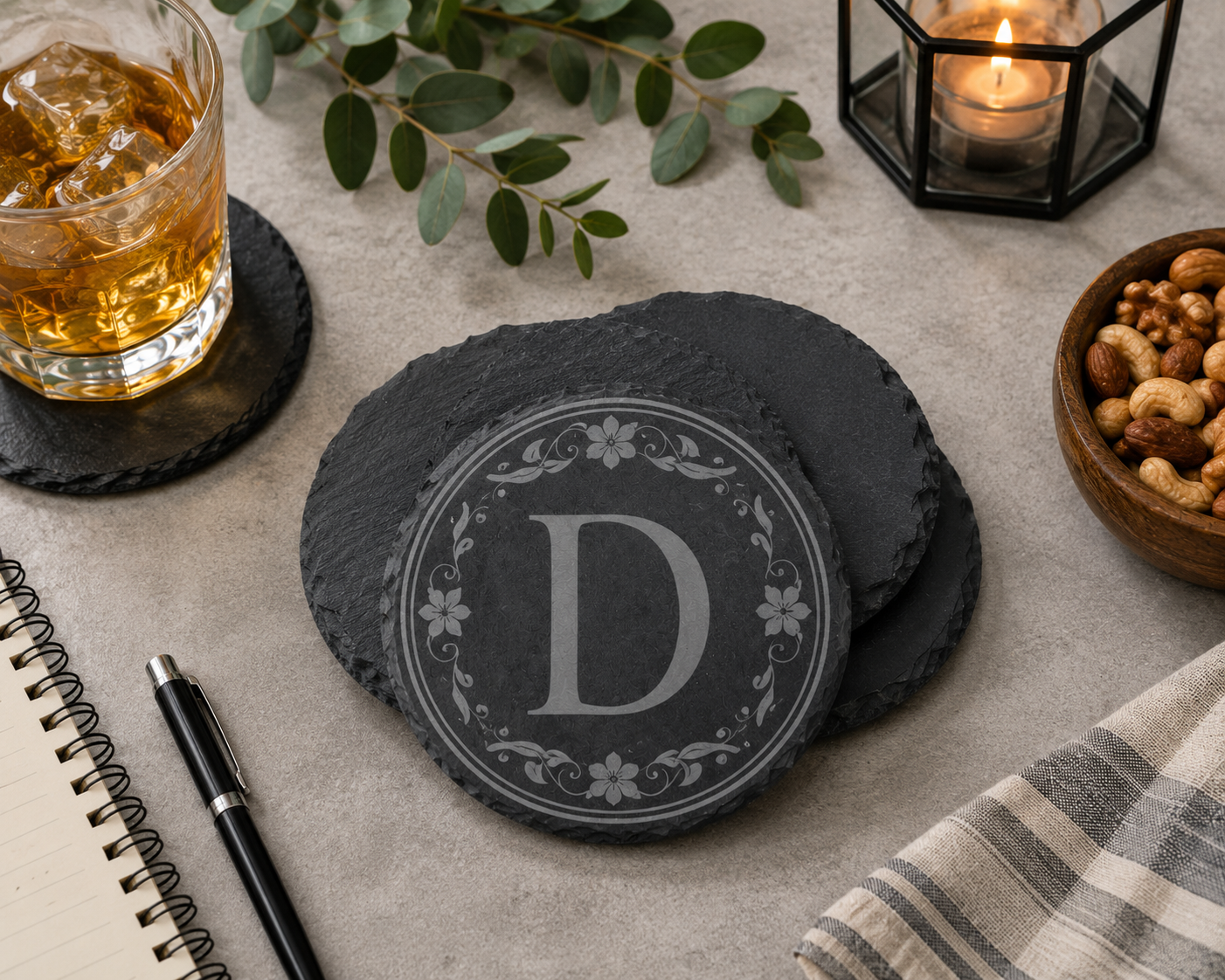 Personalized Round Slate Coaster Set – Set of 4