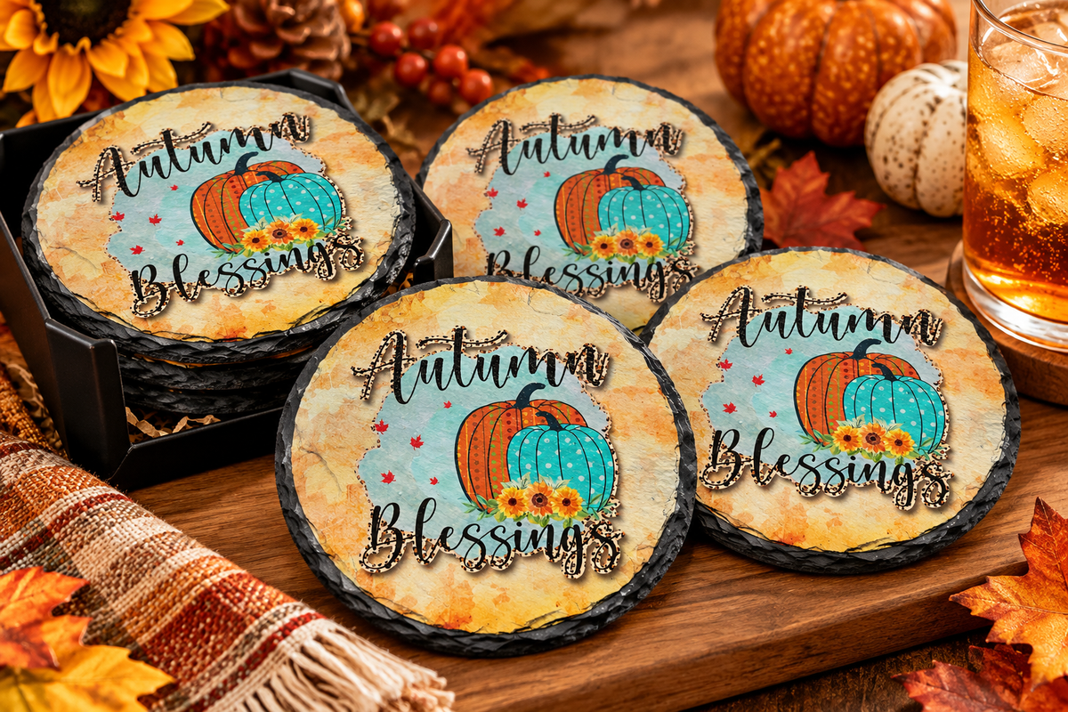 Autumn Blessings Slate Coasters – Set of 4 | Fall Home Décor