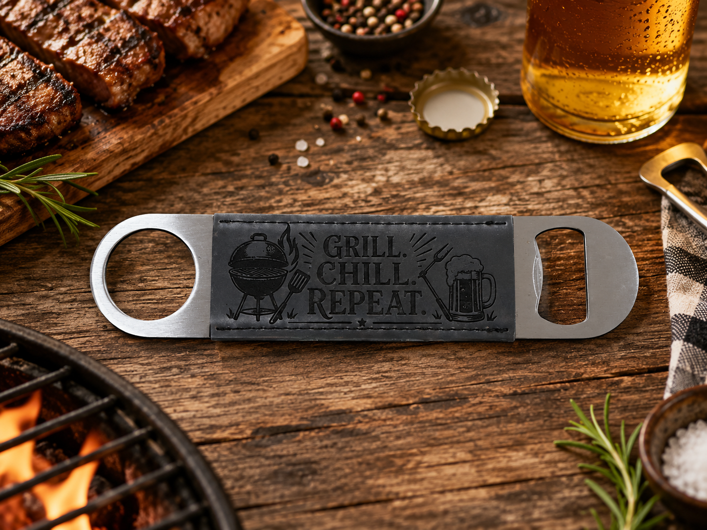 Grill. Chill. Repeat. Leather Bottle Opener