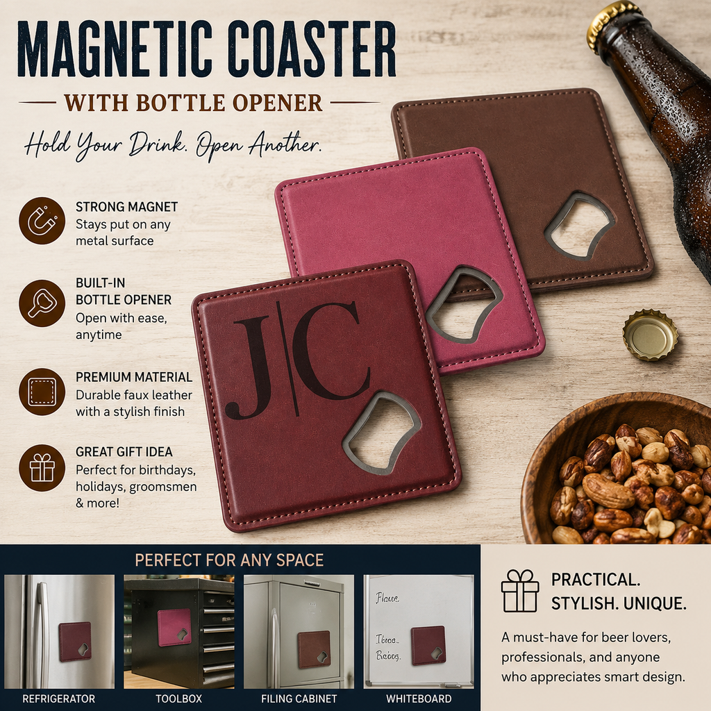 Personalized Magnetic Leather Coaster with Built-In Bottle Opener