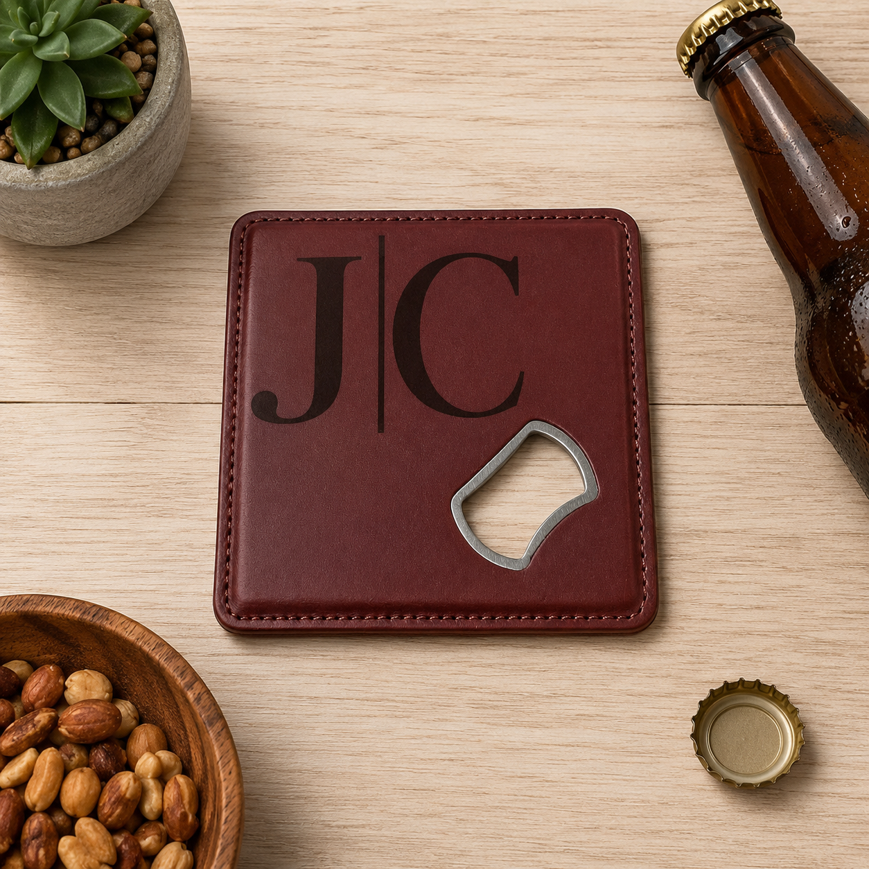 Personalized Magnetic Leather Coaster with Built-In Bottle Opener