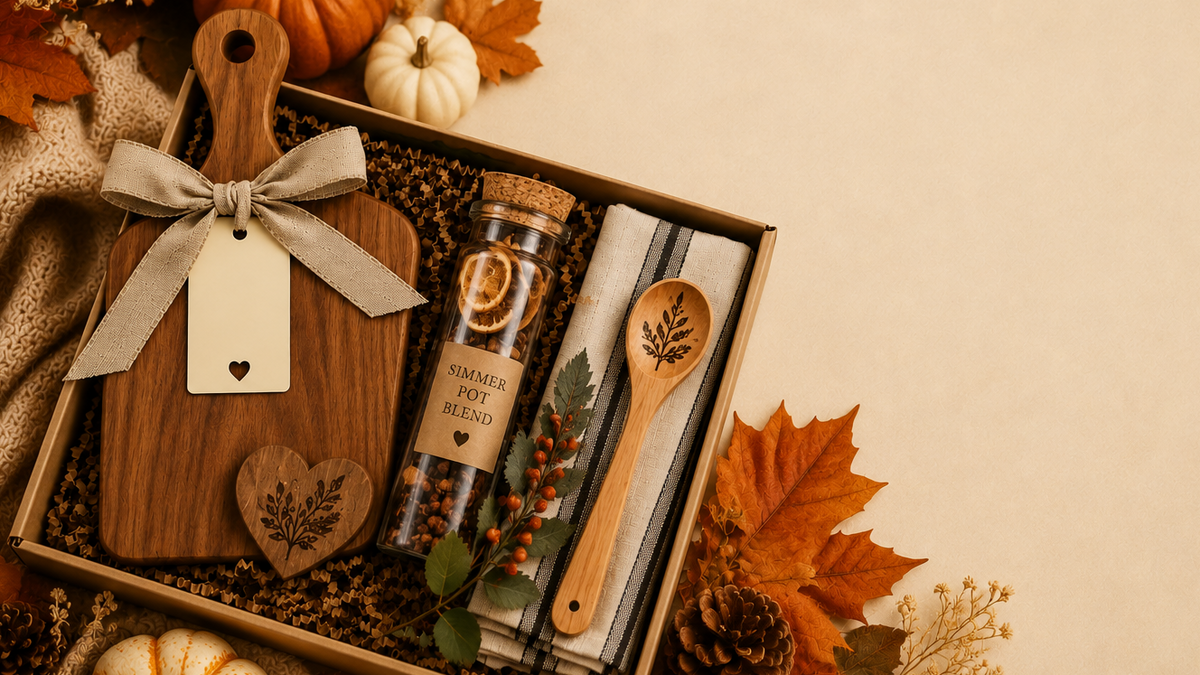 An autumn-themed gift box filled with cozy kitchen and decor items, including a wooden cutting board with a ribbon bow, a spice jar labeled 'Cinnamon Honey,' a wooden spoon, and a folded napkin, surrounded by pumpkins, fall leaves, and pinecones on a beige background.