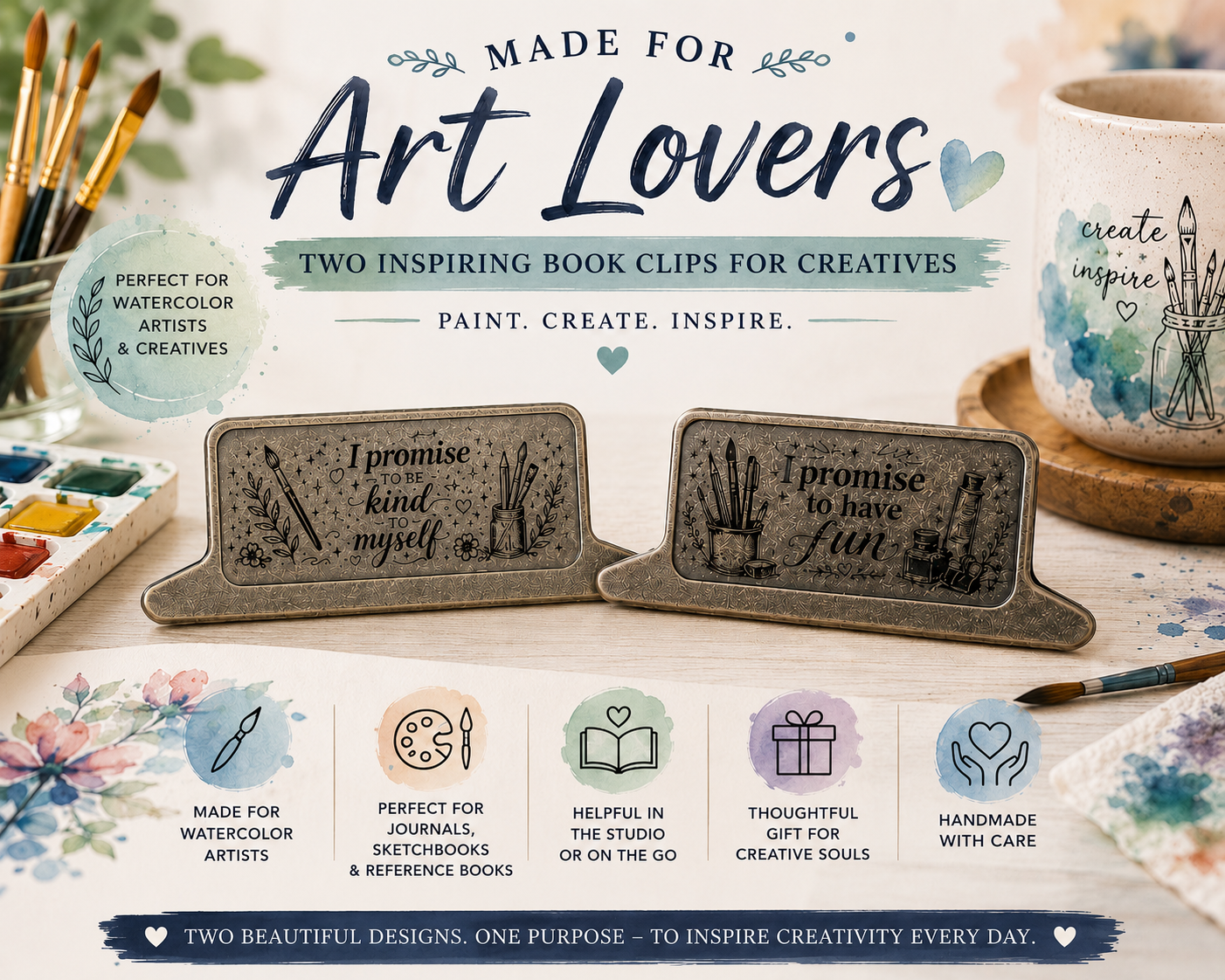 Watercolor Artist Collection – Inspirational Engraved Metal Book Clips