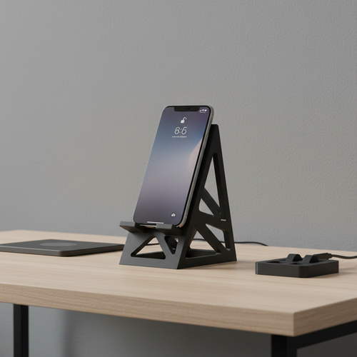 Custom 3D printed phone stand in matte black on a modern desk