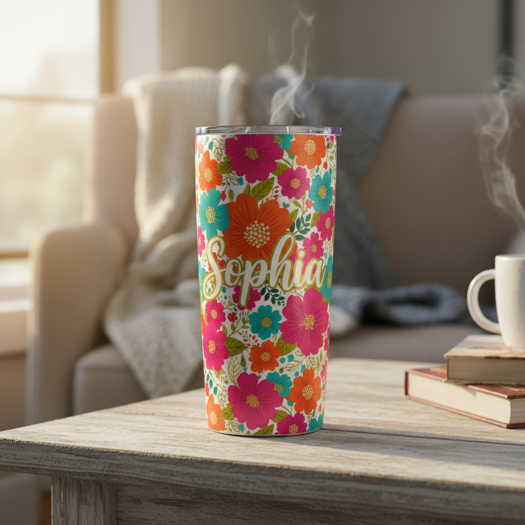 Personalized sublimation tumbler with colorful floral wrap design