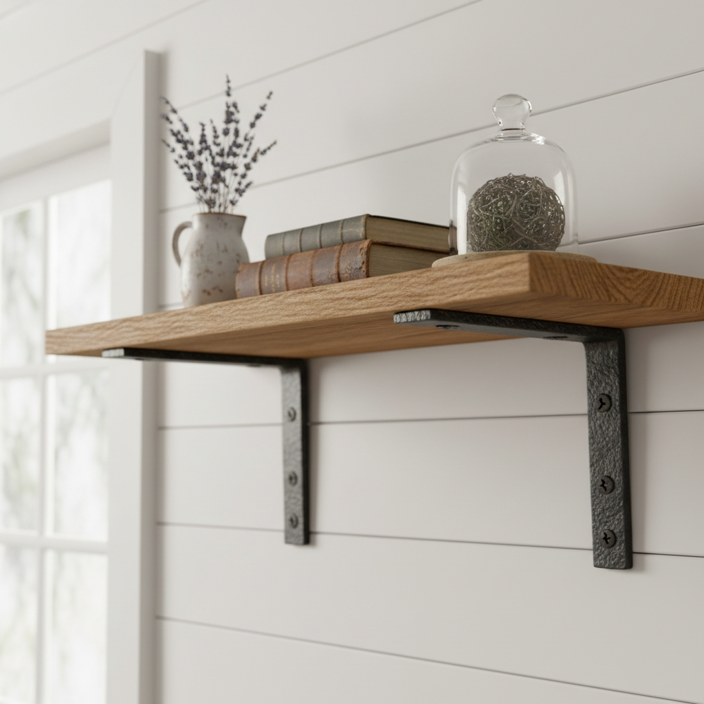 Rustic wood and metal floating shelf bracket set on shiplap wall